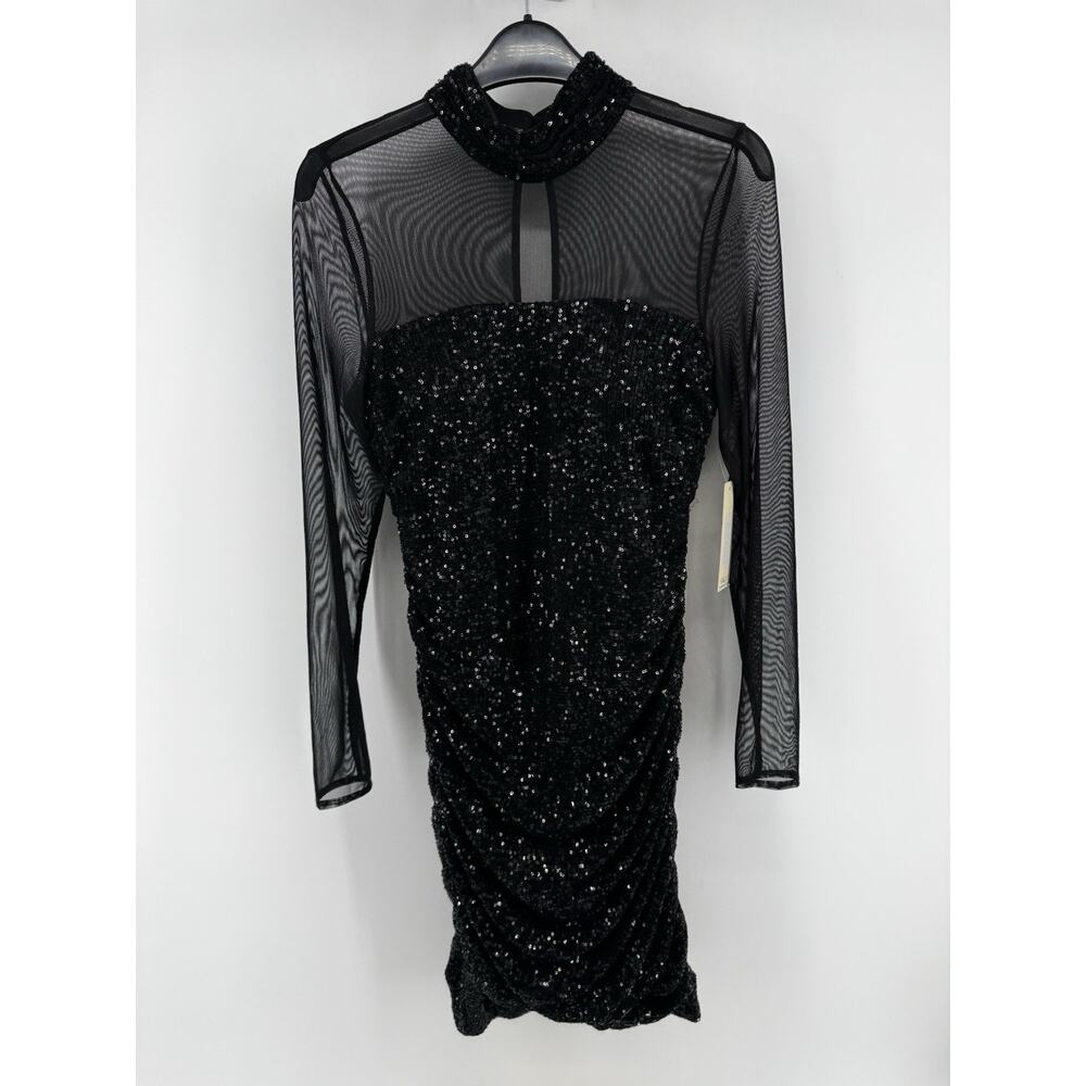 Eliza J Womens Sequin Illusion Embellished Mesh Mock Neck Dress Black Size 6 NWT